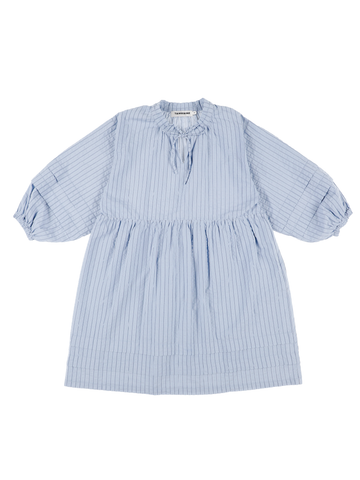 Seersucker Pleated Long-Sleeve Dress